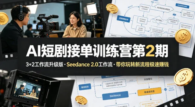 AI短剧接单训练营第2期,3+2工作流升级版,Seedance 2.0工作流,带你玩转新流程极速賺钱 AI短剧接单训练营第2期,3+2工作流升级版,Seedance 2.0工作流,带你玩转新流程极速賺钱