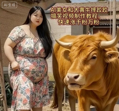 AI美女和大黄牛摔跤搞笑荒诞视频制作教程，快速涨千粉万粉|ai美女和大黄牛摔跤搞笑荒诞视频制作教程,快速涨千粉万粉简单