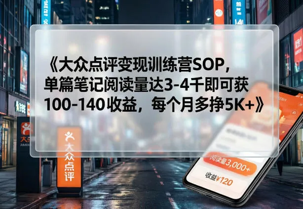 大众点评变现训练营SOP，单篇笔记阅读量达3-4千即可获100-140收益，每个月多挣5K+