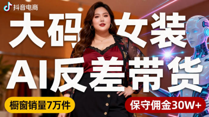 抖音小众赛道，大码女装AI反差带货，不用直播，每天6条作品，橱窗卖7万件，保守佣金30W+