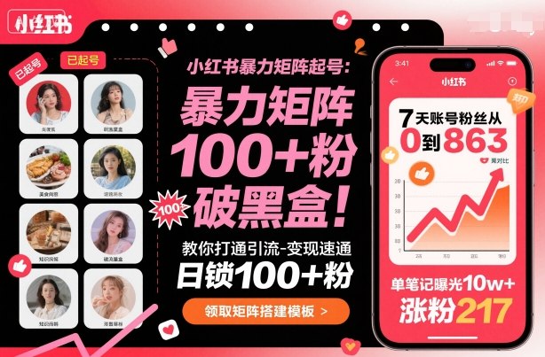 小红书暴力矩阵起号，教你打通引流-变现速通，日锁100+粉，破流量黑盒