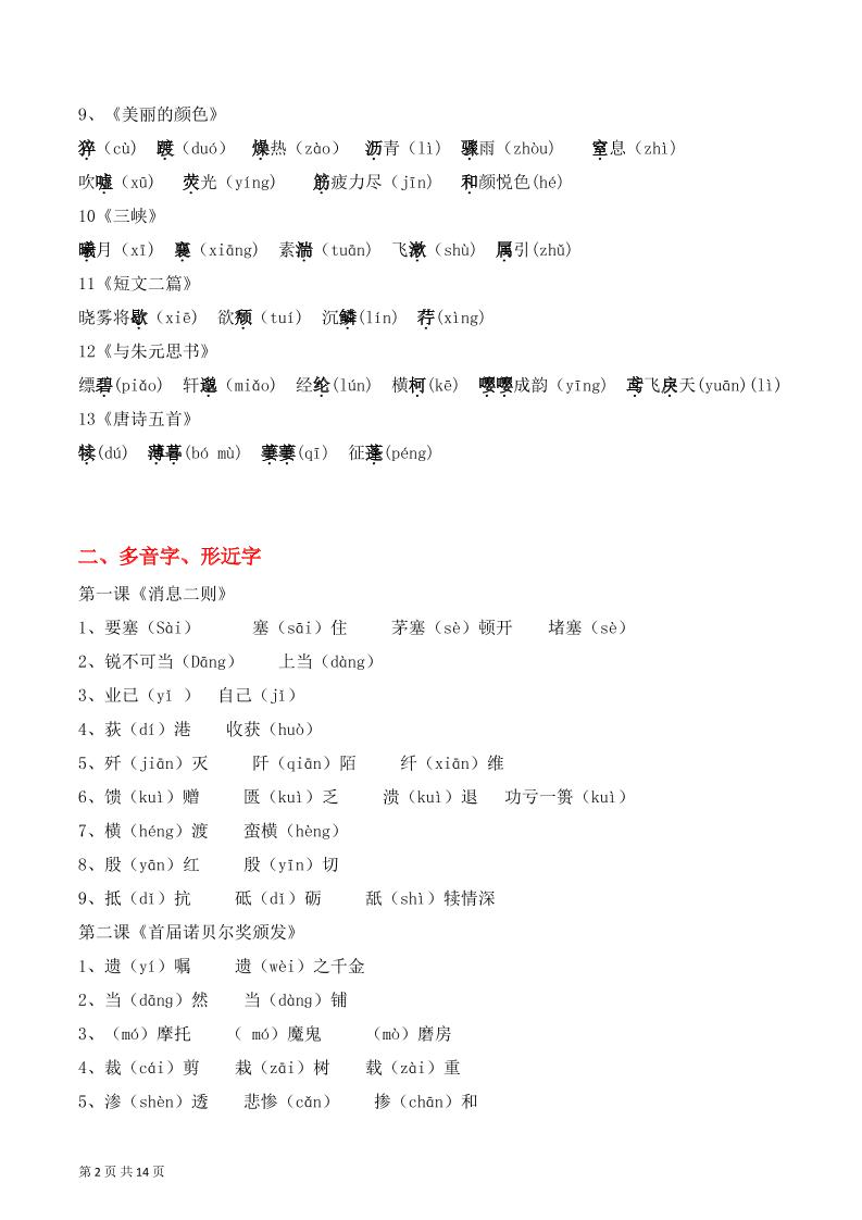 八年级上语文字词积累、文学常识知识清单|八年级上册语文知识积累