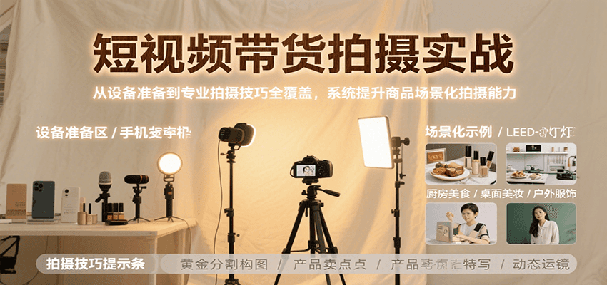 短视频带货拍摄实战,从设备准备到专业拍摄技巧全覆盖,系统提升商品场景化拍摄能力 短视频带货拍摄实战,从设备准备到专业拍摄技巧全覆盖,系统提升商品场景化拍摄能力