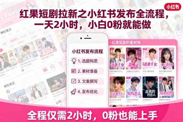 红果短剧拉新之小红书发布全流程，一天2小时，小白0粉就能做|小红书有拉新奖励吗