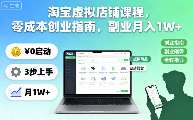 淘宝虚拟店铺课程，零成本创业指南，副业月入1W+|淘宝虚拟店铺货源怎么找