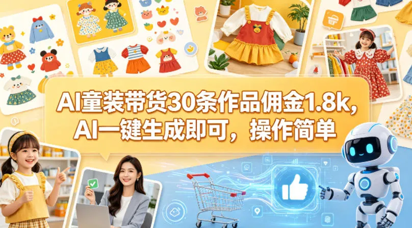 AI童装带货30条作品佣金1.8k，AI一键生成即可，操作简单