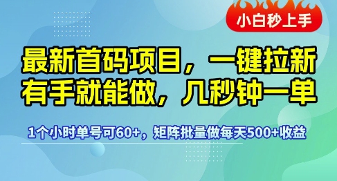 最新首码项目，一键拉新有手就能做，几秒钟一单，1个小时单号可60+，矩阵批量做每天5张【揭秘】