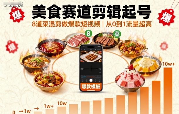美食赛道剪辑起号，8道菜混剪做爆款短视频，从0到1，流量超高|零食赛道怎么起号